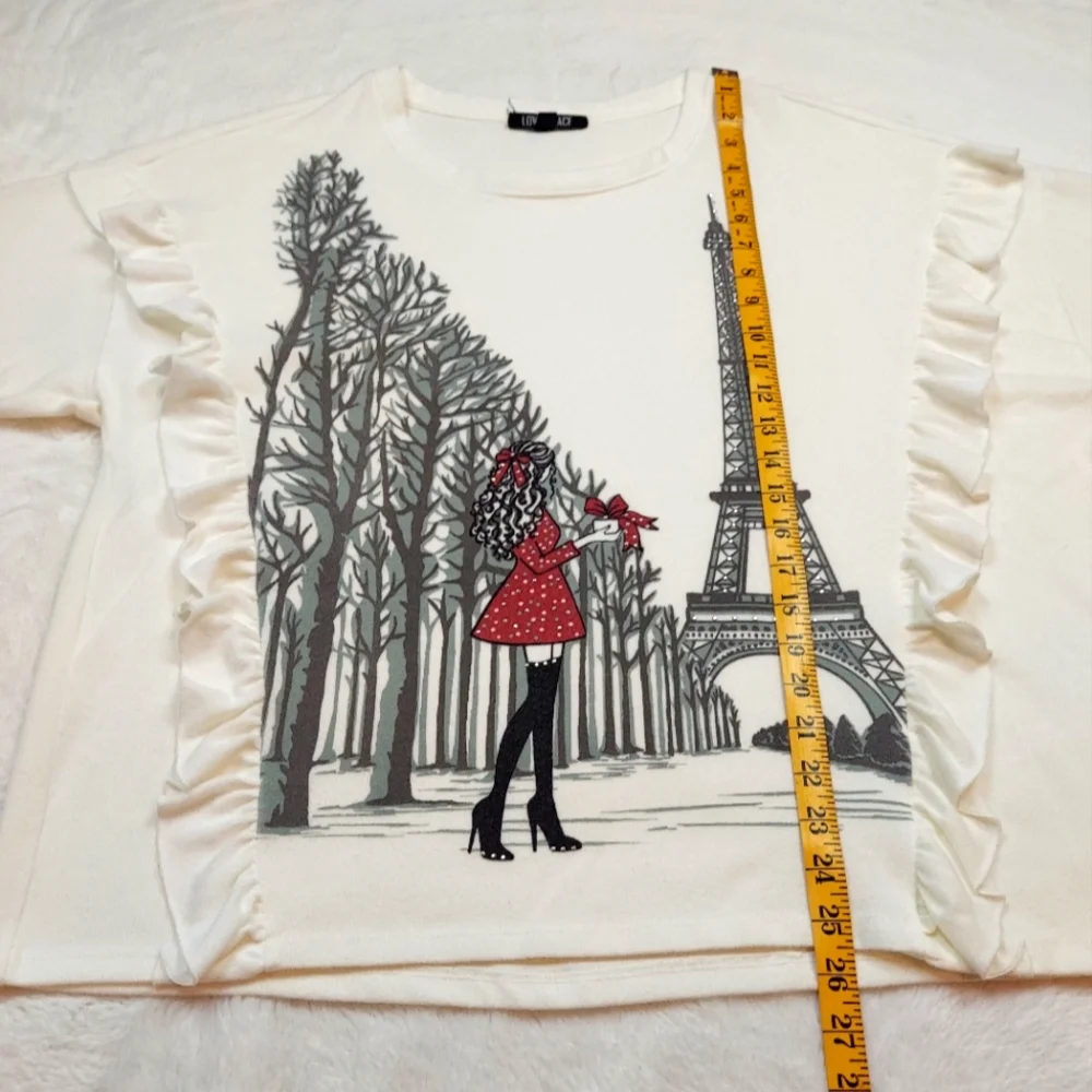 Love + Lace Cream Eiffel Tower & Lady Winter Scene Ruffle Detail Sweatshirt 3X - Picture 5 of 11